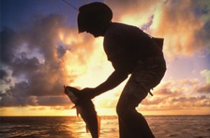 A fisherman takes a fish off the line in Galveston Bay.