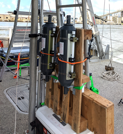 Niskin bottles used to collect surface and bottom waters aboard the R/V Trident.