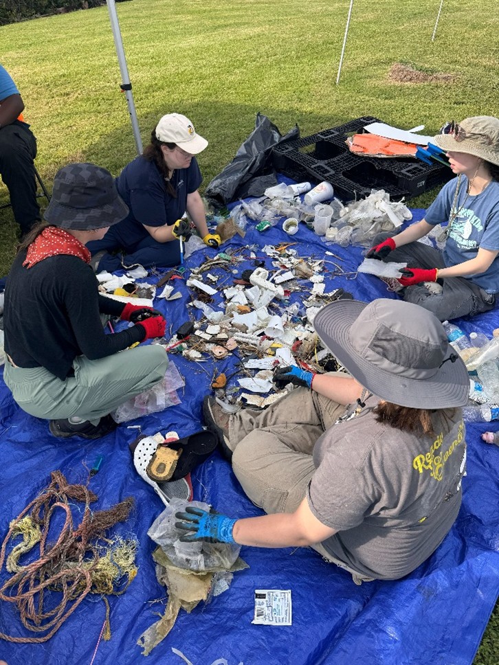 SPLASh staff and data volunteers sorting and categorizing trash following the STOP methodology during a Houston World Cup Sustainability Committee Cleanup at Monument Inn.